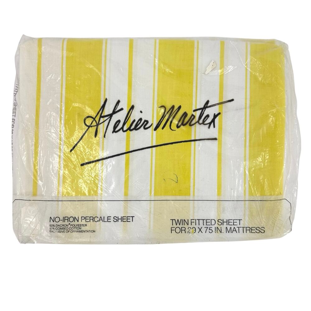 Vtg Atelier Martex Yellow White Stripe Twin Fitted Sheet No Iron Percale NOS